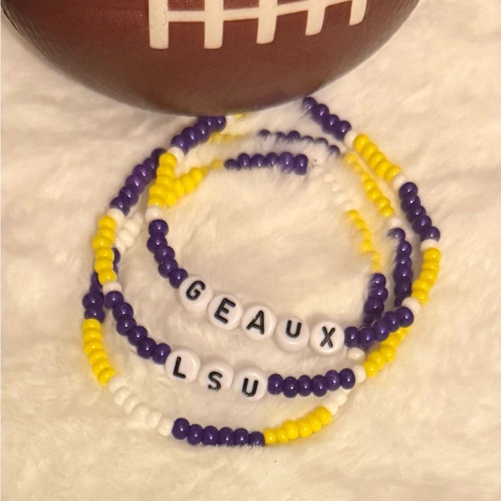 Handmade LSU Inspired Purple, Yellow, and White Beaded Bracelet Stack 7"